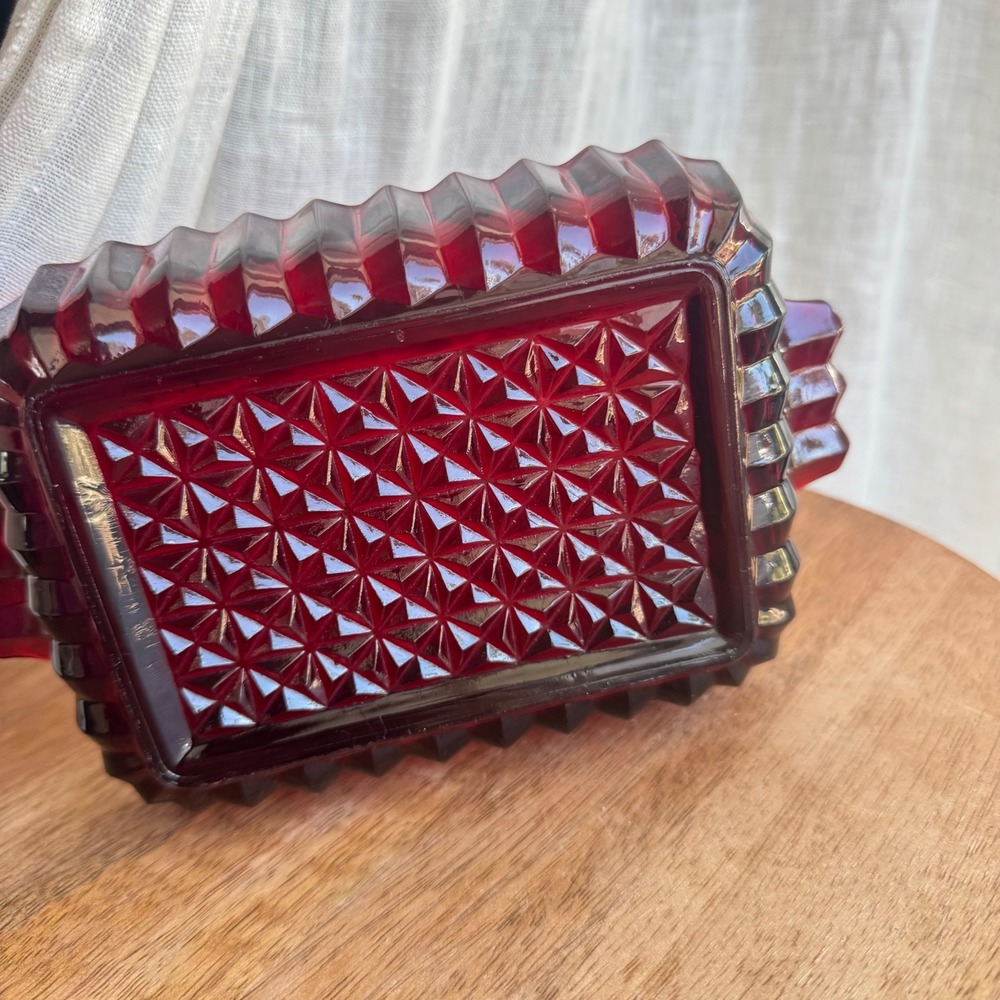 Vtg 1940's Anchor Hocking Royal Ruby Red Glass Rectangular Ribbed Relish Dish - Picture 4 of 6